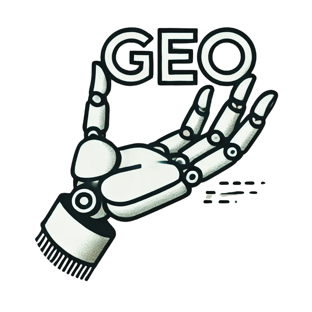 A robot hand holding up letters spelling GEO